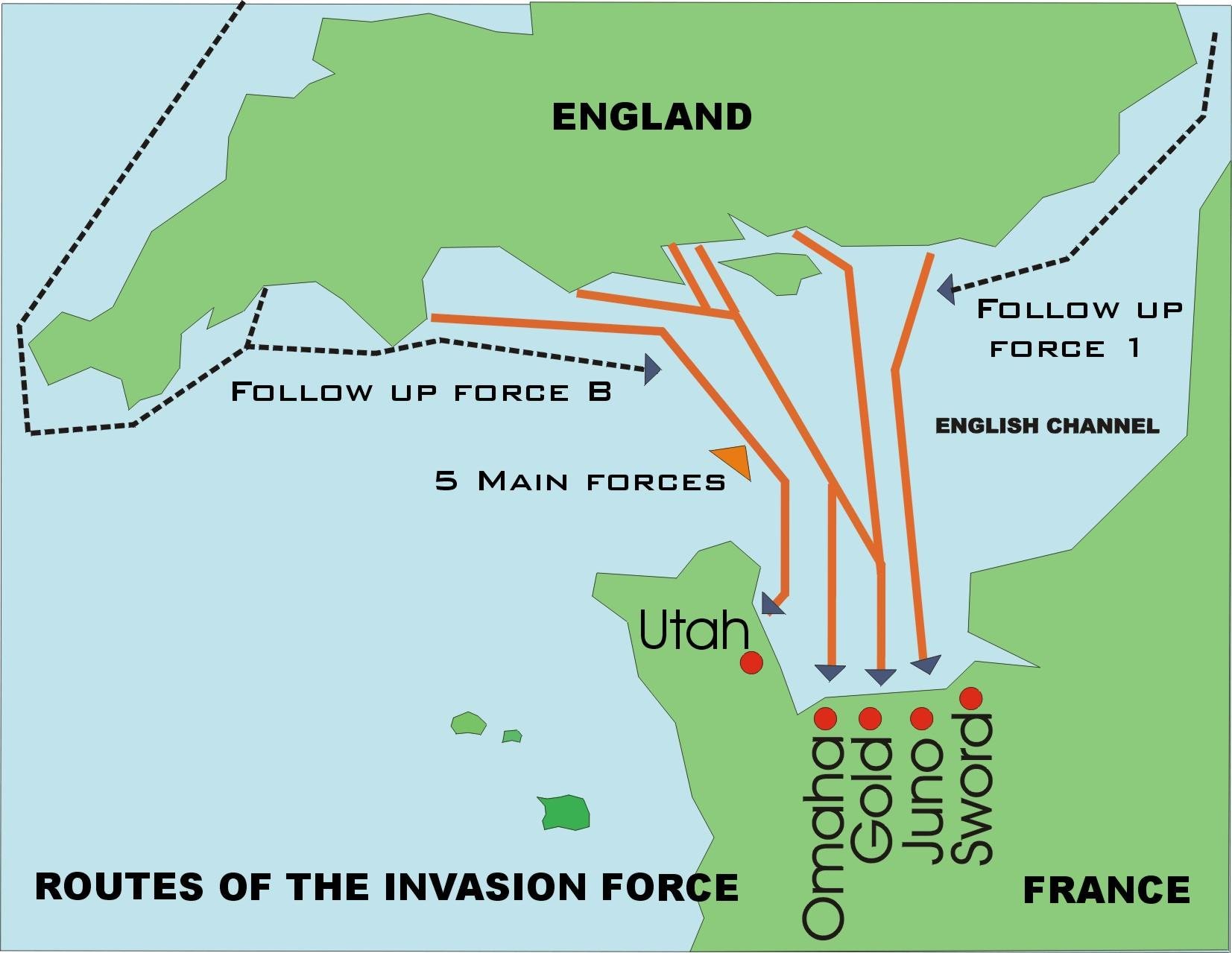 The routes of the various invasion forces on D-Day